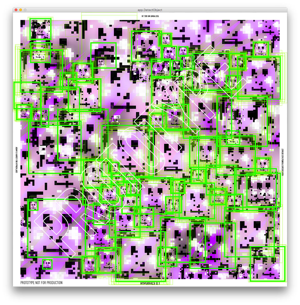 Haarcascade face detection output on HyperFace pattern. Many &ldquo;faces&rdquo; are detected but none exist. © Adam Harvey 2017
