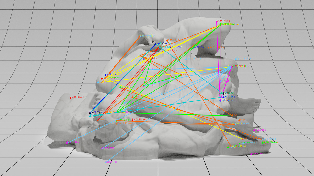 Figure 1: The Fall of Icarus with human pose detection keypoints. Graphic by Adam Harvey, 2021. Based on a 3D model by Scan the World. Licensed under CC-BY-NC-4.0.
